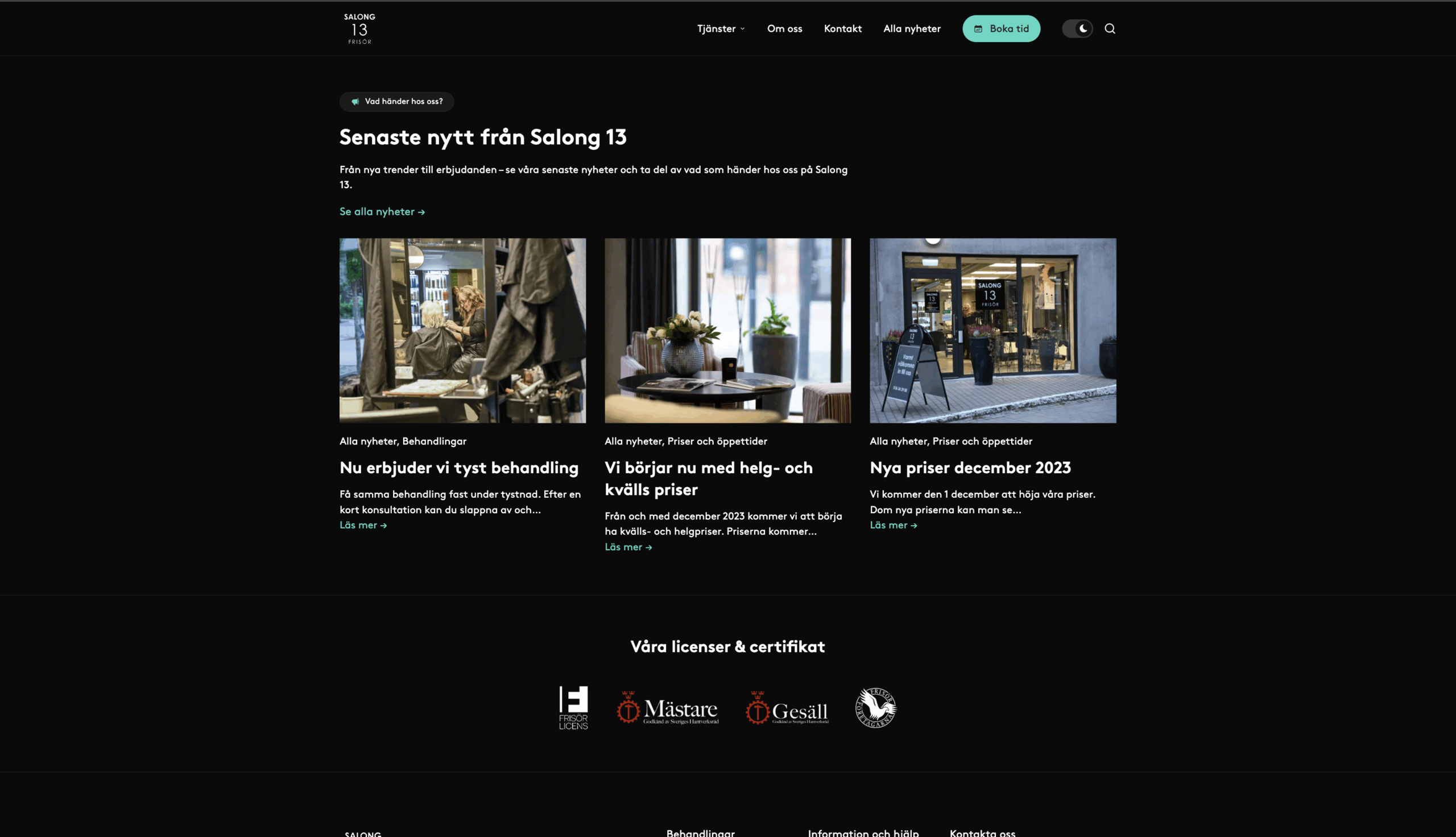 WordPress-webbplats i darkmode för Salong 13 – utvecklad av Webbyrå WordPress i Botås Core.